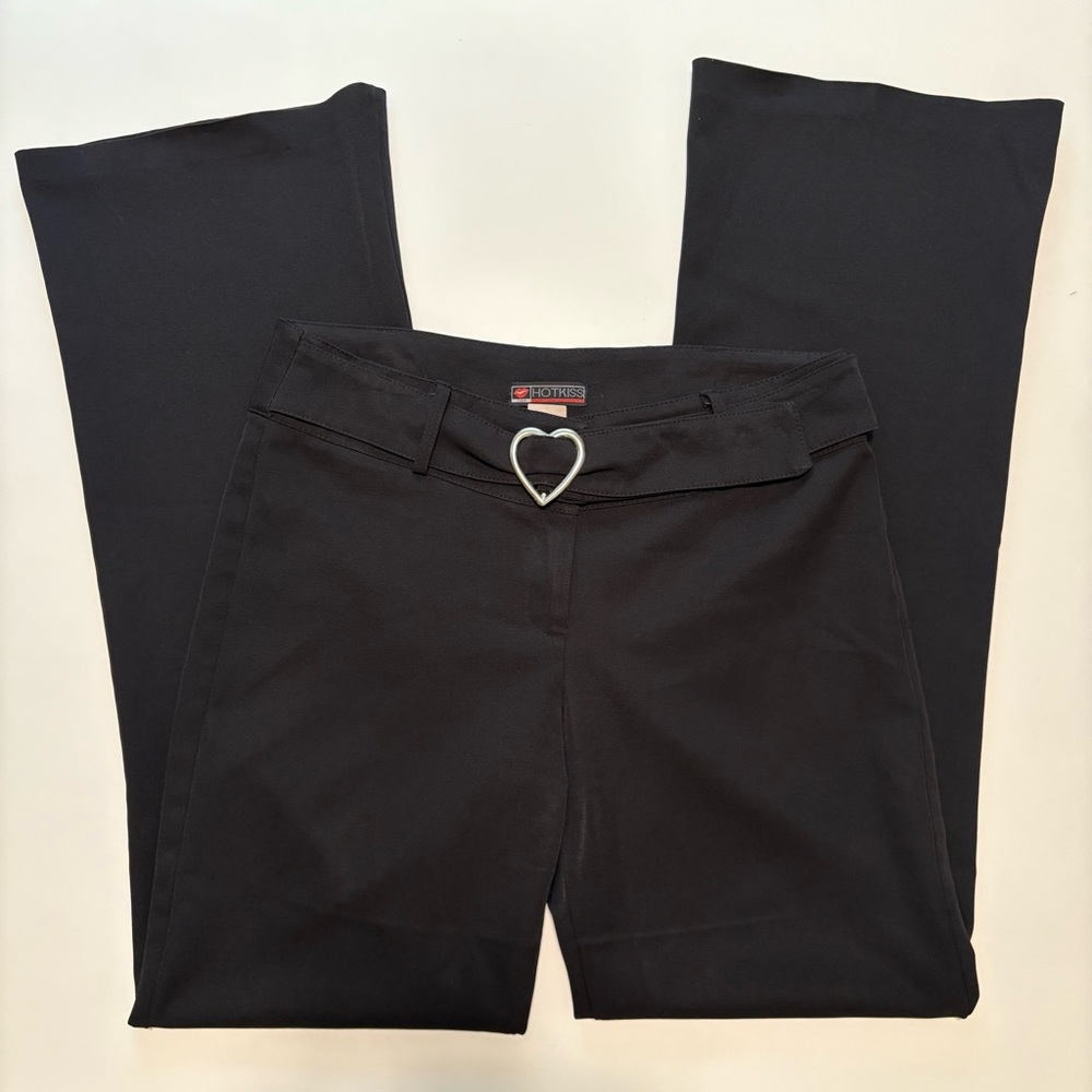 Hot Kiss Y2K Low Rise Black Flare Pants w/ Heart Buckle – Emo Grunge 2000s - Picture 4 of 15
